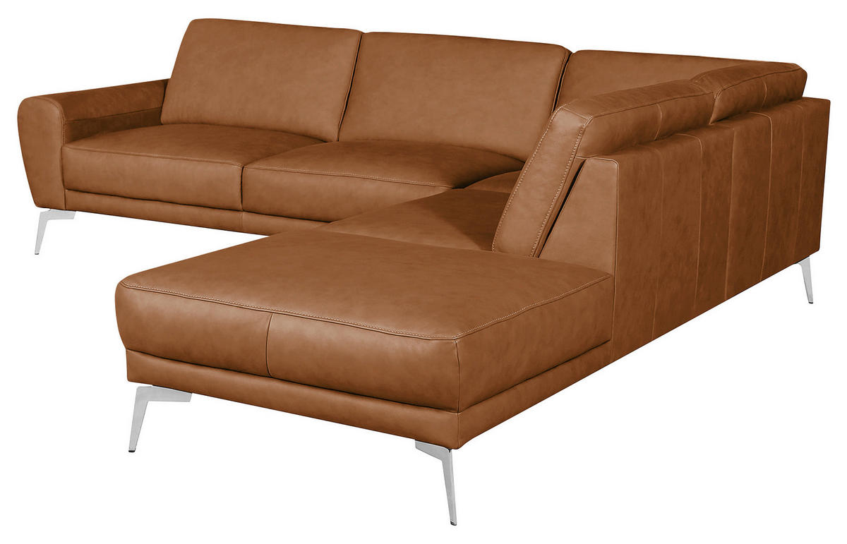 ECKSOFA in Echtleder Cognac  - Chromfarben/Cognac, Design, Leder/Metall (273/250cm) - Livetastic