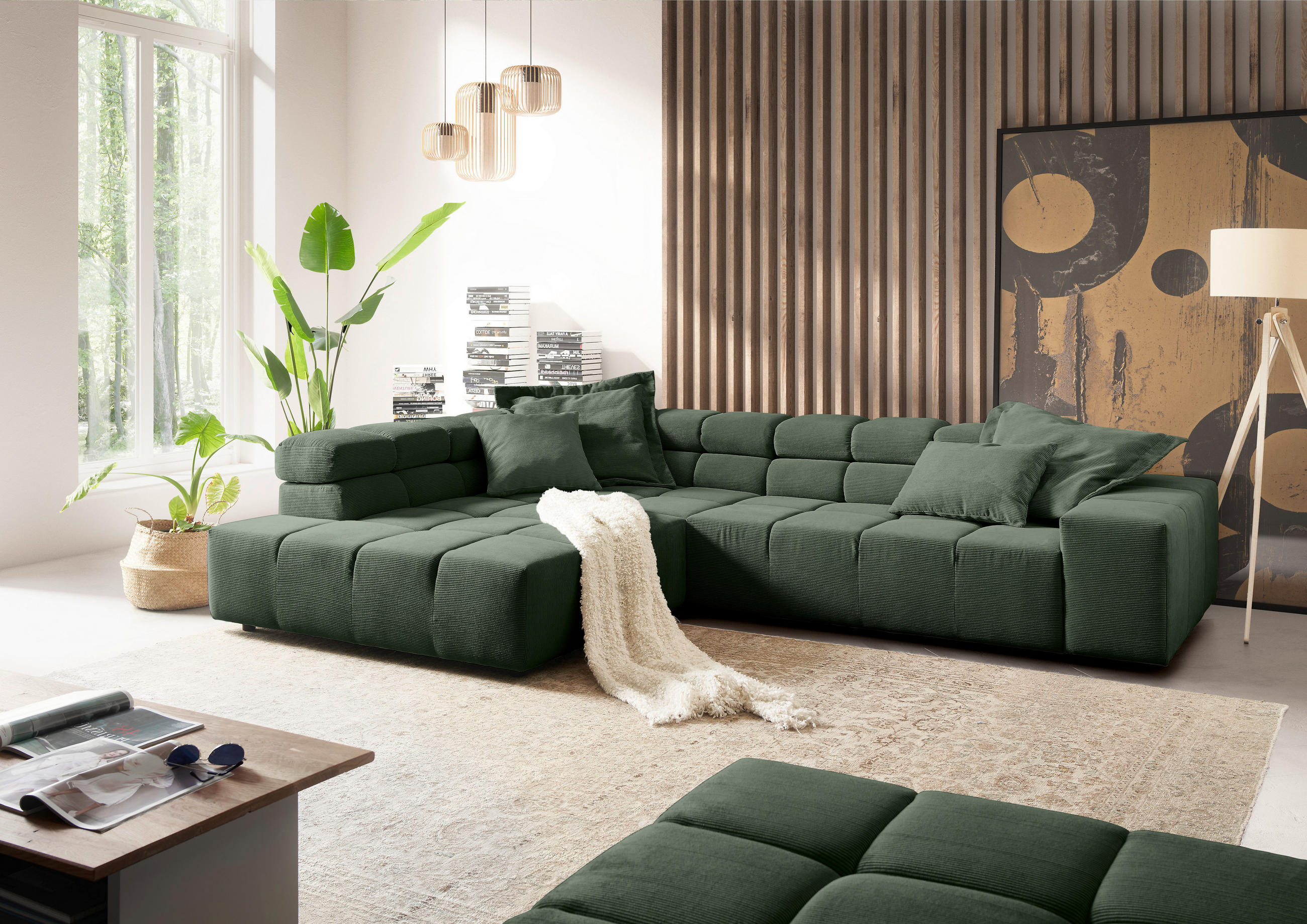ECKSOFA Olivgrün Cord  - Schwarz/Olivgrün, Design, Kunststoff/Textil (215/319cm) - Hom`in