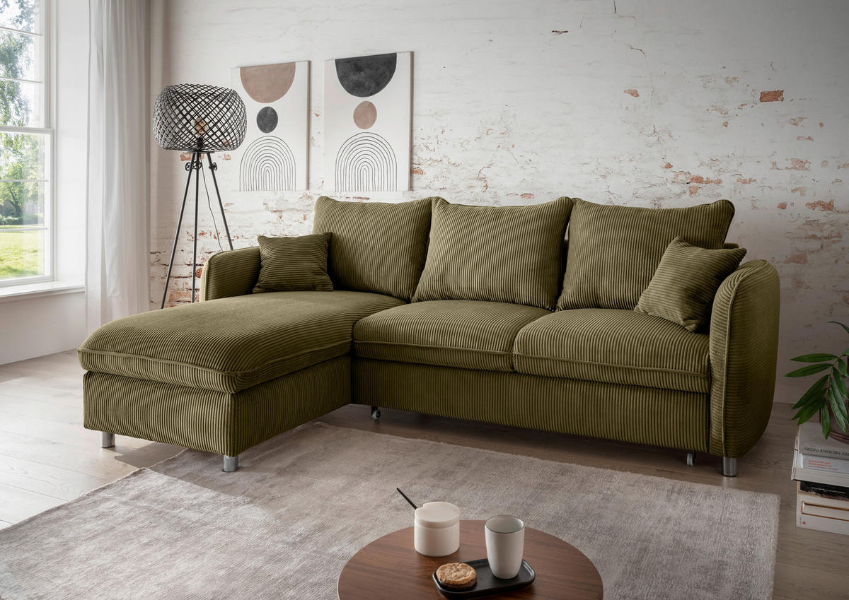 ECKSCHLAFSOFA Cord Olivgrün  - Chromfarben/Olivgrün, MODERN, Textil/Metall (254/160cm) - Livetastic