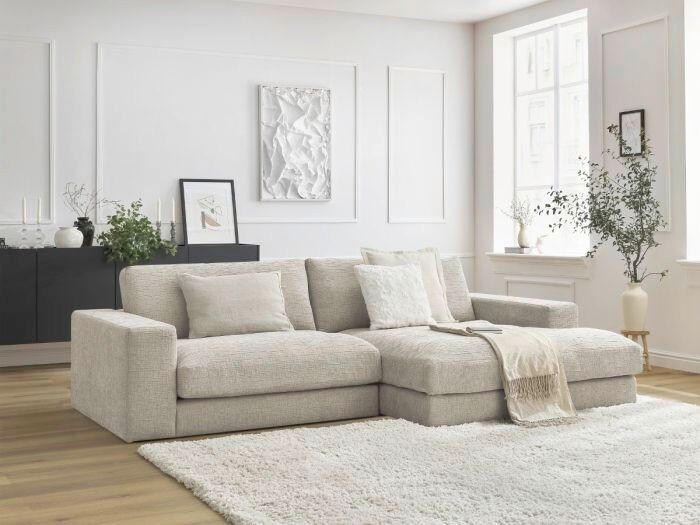 ECKSOFA Ottomane rechts  LEONARD Beige Struktur  - Beige/Schwarz, MODERN, Kunststoff/Textil (234/159cm)