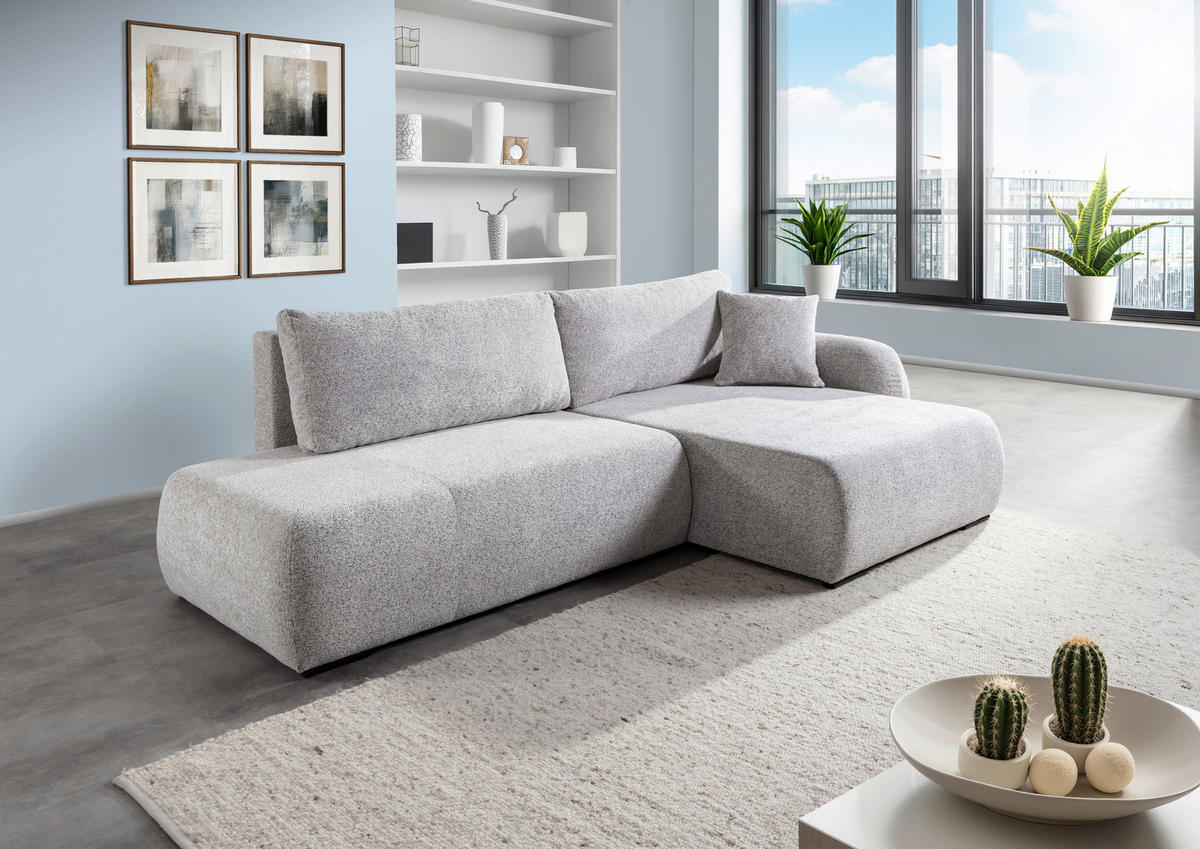 ECKSOFA Grau Flachgewebe Zierkissen, Rückenkissen, Bettkasten, Schlaffunktion, Rücken echt, Liegefläche im Originalstoff  - Schwarz/Grau, KONVENTIONELL, Kunststoff/Textil (260/145cm) - Carryhome
