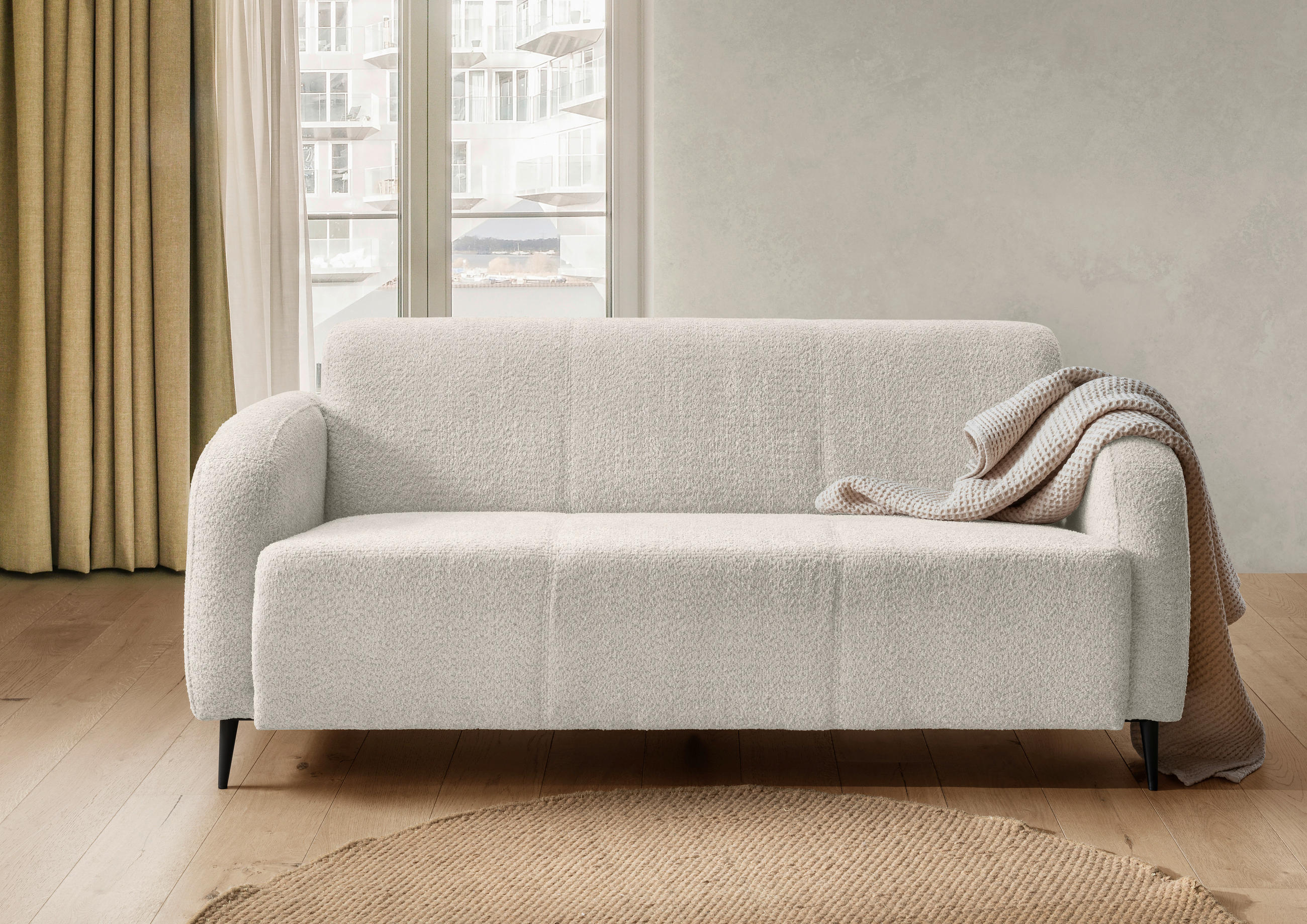 3-SITZER-SOFA in Bouclé Weiss  - Weiss/Schwarz, Modern, Textil/Metall (180/76/90cm) - Livetastic