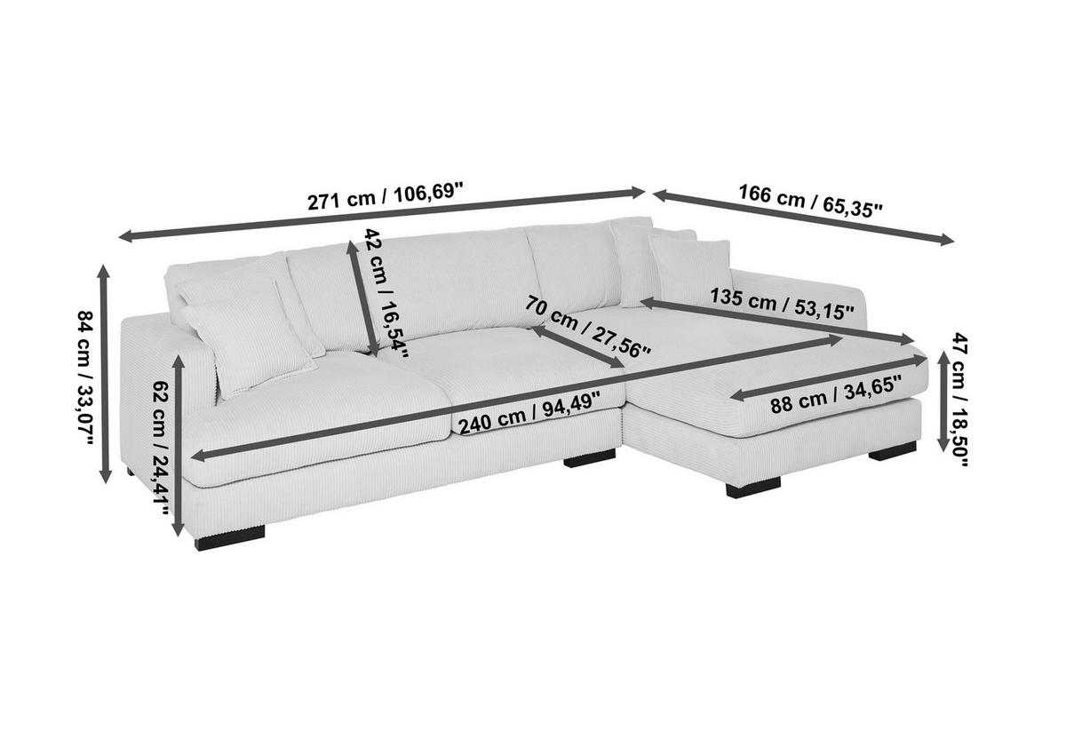 ECKSOFA  RELAX ASPEN CORNER M-R EU Weiß, Ecru Cord  - Ecru/Schwarz, MODERN, Holz/Textil (271/166cm) - Livetastic