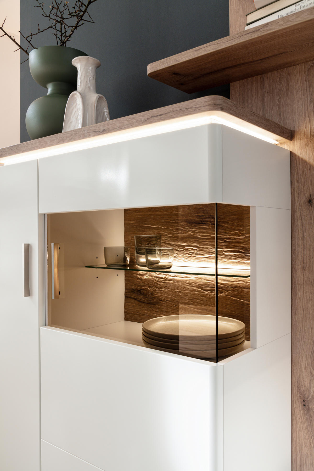 HIGHBOARD Tbilisi  in 90/124/38 cm  - Weiss/Eichefarben, Design, Glas/Holzwerkstoff (90/124/38cm) - Livetastic