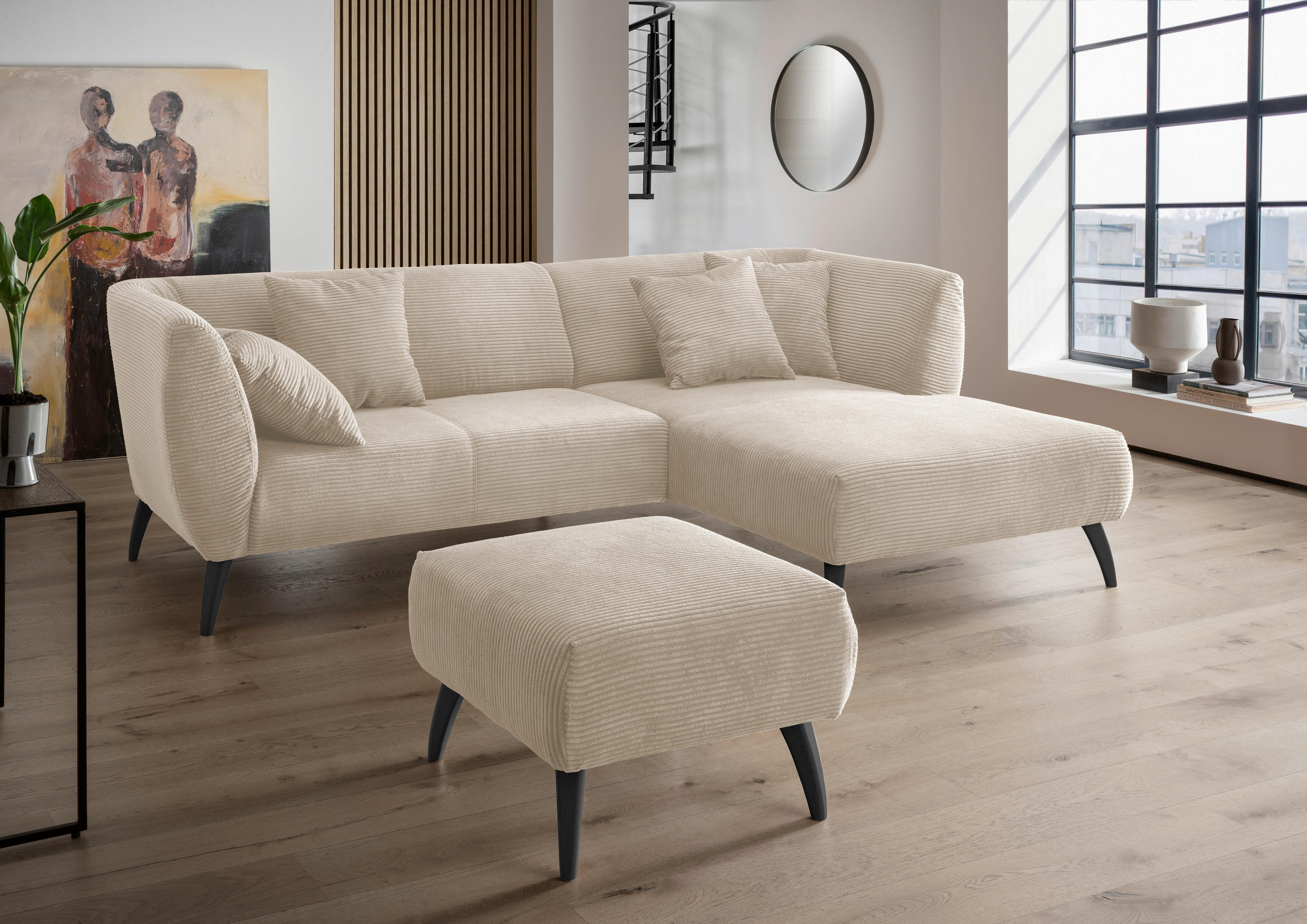 HOCKER in Holz, Textil Beige - Beige/Schwarz, Modern, Holz/Textil (66/44/66cm) - MID.YOU