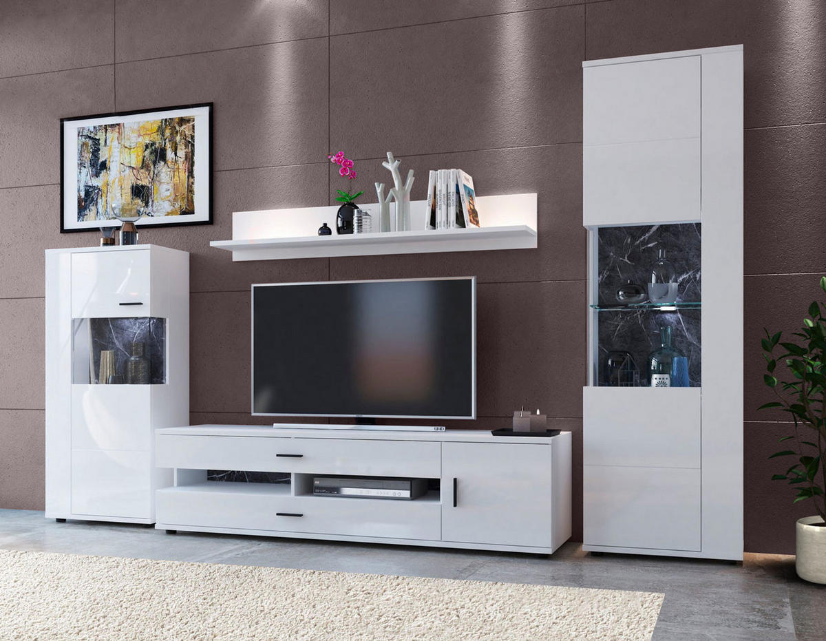 WOHNWAND Henley 4-teilig graphit Grau 300 / 37 - 49,5 / 198cm - Weiß Hochglanz/Weiß, Holz/Holzwerkstoff (300/198/50cm) - Feldmann-Wohnen