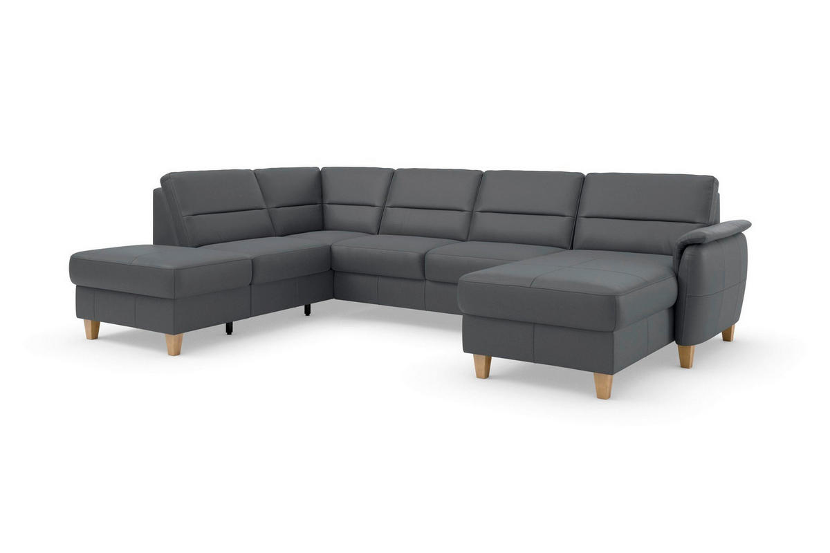 WOHNLANDSCHAFT PALMERA E in Echtleder Schwarz  - Eichefarben/Schwarz, Basics, Leder/Holz (212/308/163cm) - Sit & More