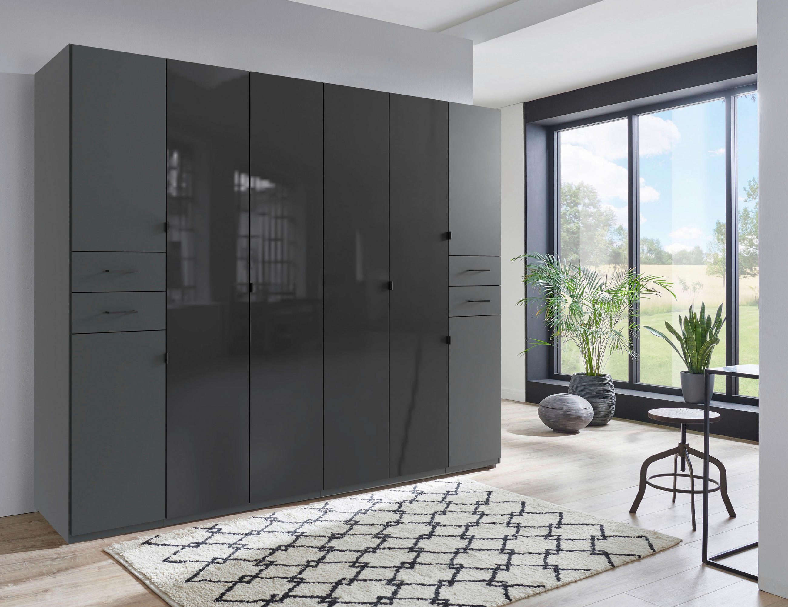 KLEIDERSCHRANK in Graphitfarben, Schwarz  - Schwarz/Graphitfarben, Konventionell, Glas/Holzwerkstoff (270/208/58cm) - Modante