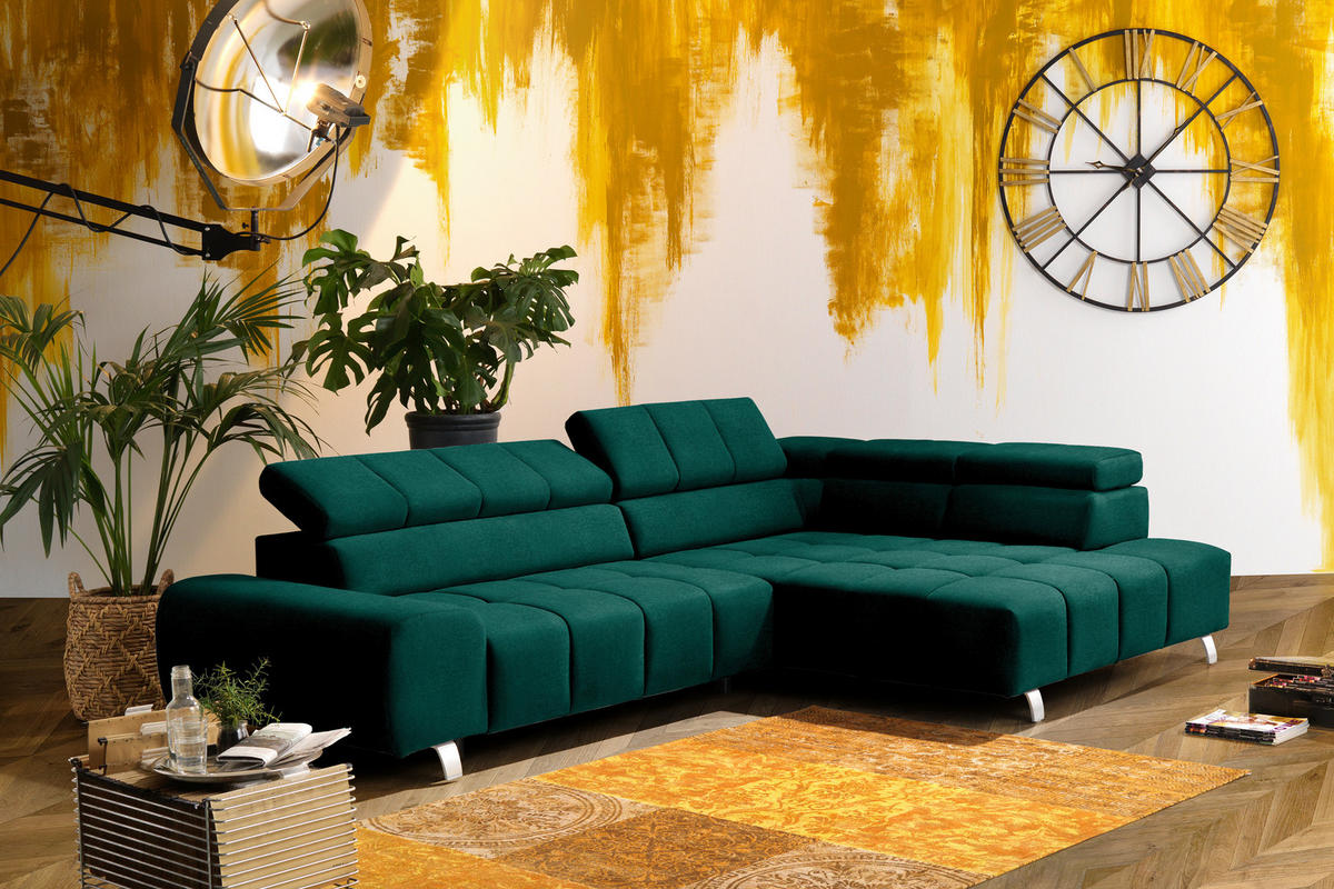 ECKSOFA in Webstoff Grün  295/201 cm  - Dunkelgrau/Silberfarben, Design, Textil/Metall (295/201cm) - Hom`in