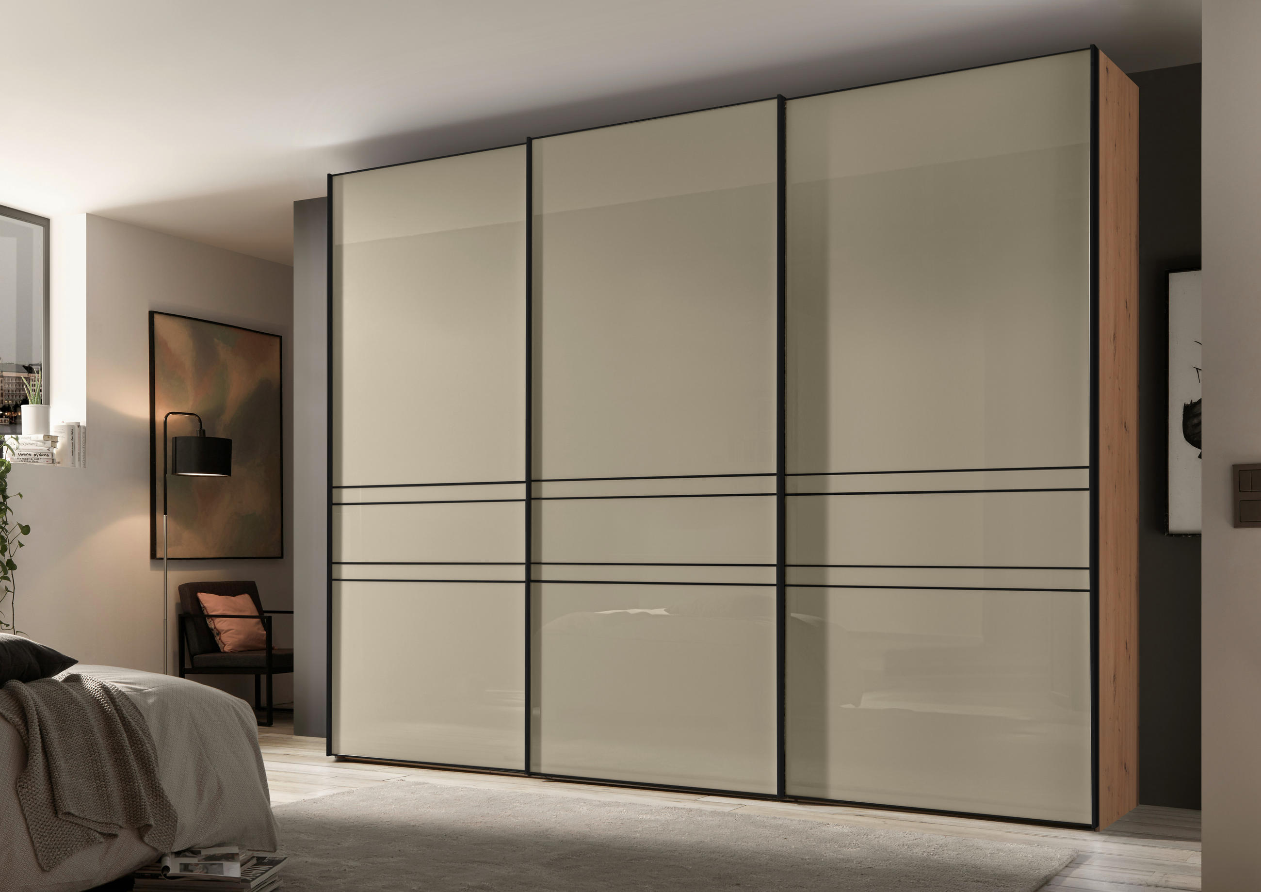 SCHWEBETÜRENSCHRANK 280/222/68 cm 3-türig Sandfarben, Eiche Artisan  - Sandfarben/Graphitfarben, Design, Glas/Holzwerkstoff (280/222/68cm) - Moderano