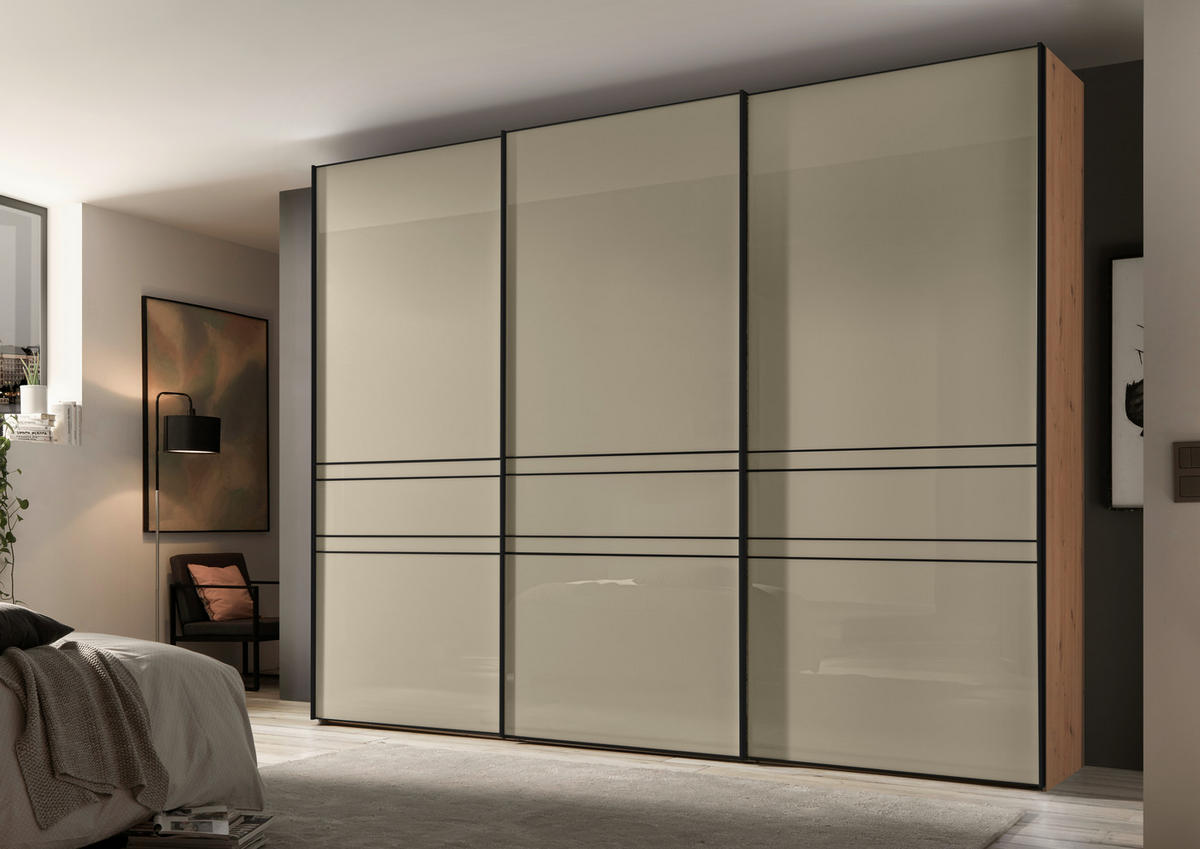 SCHWEBETÜRENSCHRANK 280/222/68 cm 3-türig Sandfarben, Eiche Artisan  - Sandfarben/Graphitfarben, Design, Glas/Holzwerkstoff (280/222/68cm) - Moderano