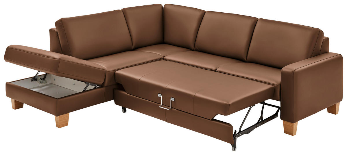 ECKSOFA in Echtleder Braun  - Eiche Bianco/Braun, Natur, Leder/Holz (235/257cm) - Valdera