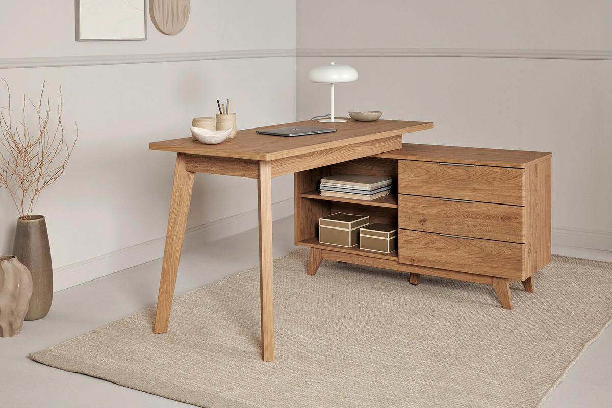 ECKSCHREIBTISCH 140/118/76 cm  in Eichefarben  - Eichefarben/Alufarben, MODERN, Holzwerkstoff/Metall (140/118/76cm) - Livetastic