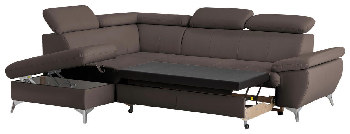 ECKSOFA Braun Lederlook  - Chromfarben/Braun, KONVENTIONELL, Textil/Metall (209/256cm) - Livetastic