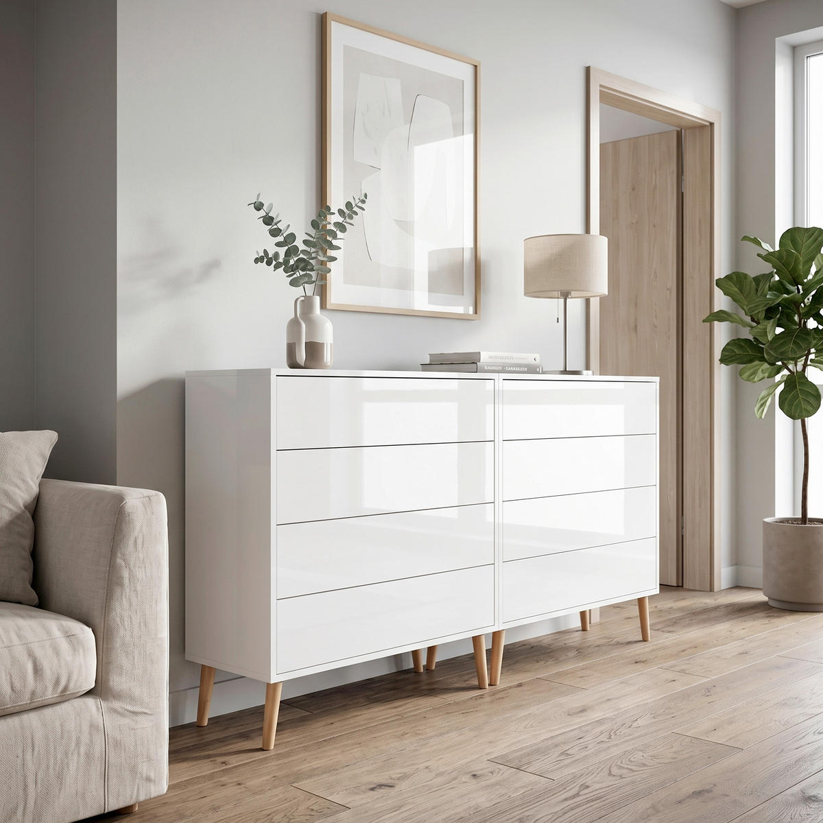 SIDEBOARD Mailand Set 1 + HF 158/86/33 cm 8 Schublade(n)  - Weiß Hochglanz/Weiß, MODERN, Holzwerkstoff (158/86/33cm) - MID.YOU