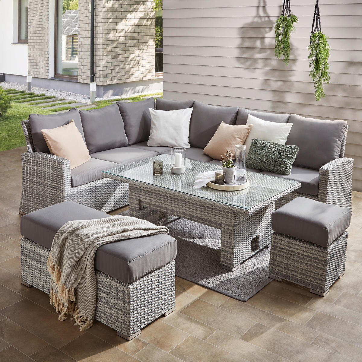 JEDÁLENSKÁ TERASOVÁ SÚPRAVA kov, plast, sklo, textil - sivá, Modern, kov/textil (177/192,5cm) - Ambia Garden