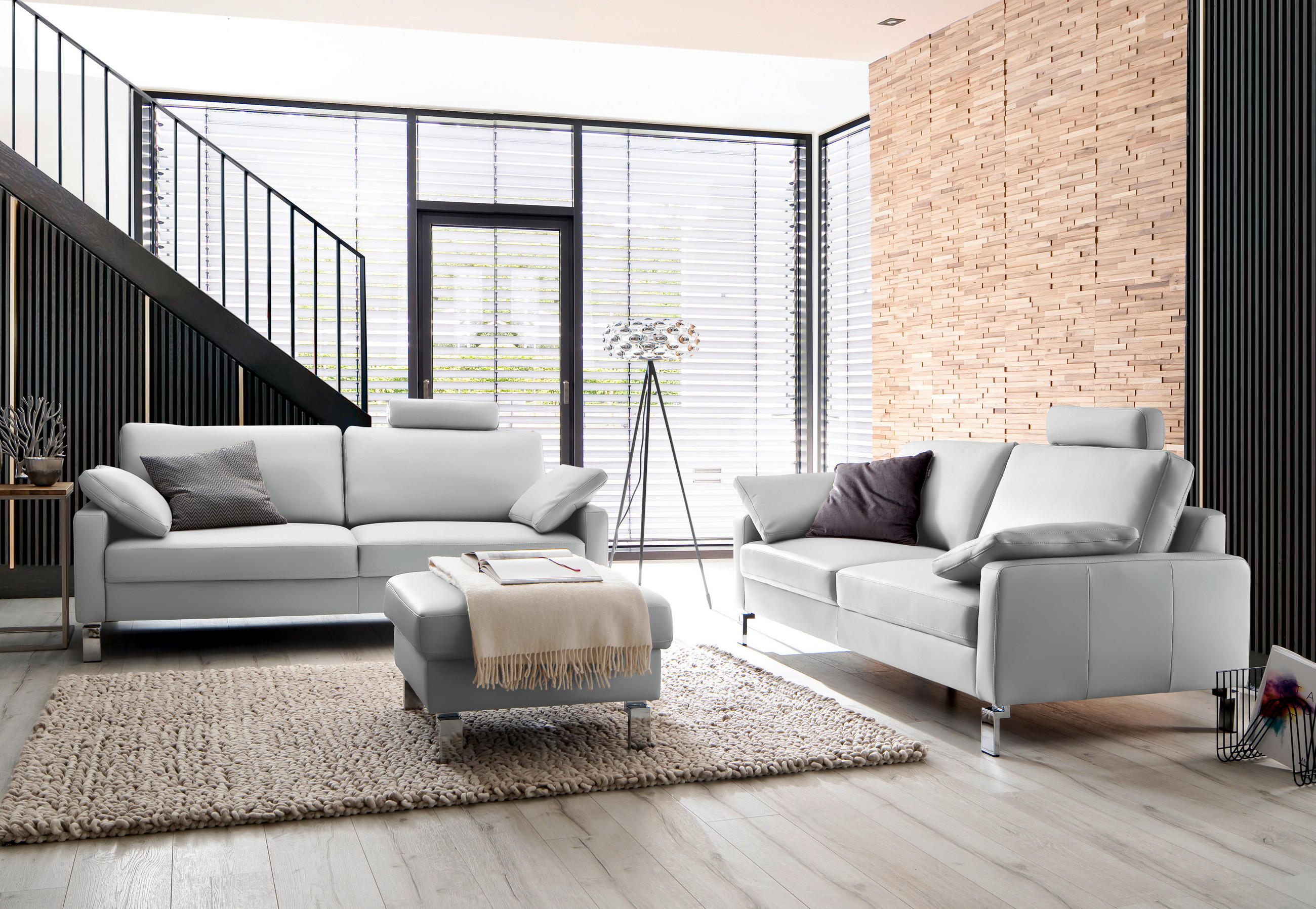 3-SITZER-SOFA in Echtleder Hellgrau  - Chromfarben/Hellgrau, Design, Leder/Metall (204/81/97cm) - Pure Home Lifestyle