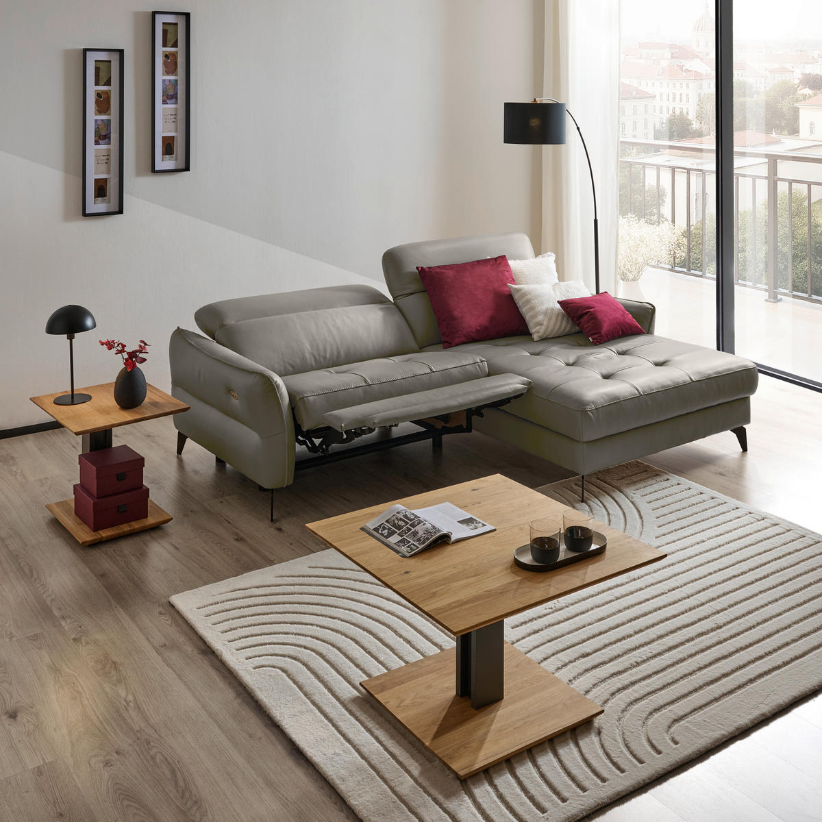 ECKSOFA inkl. Funktionen Grau Echtleder  - Schwarz/Grau, Design, Leder/Metall (246/175cm) - Celina Home