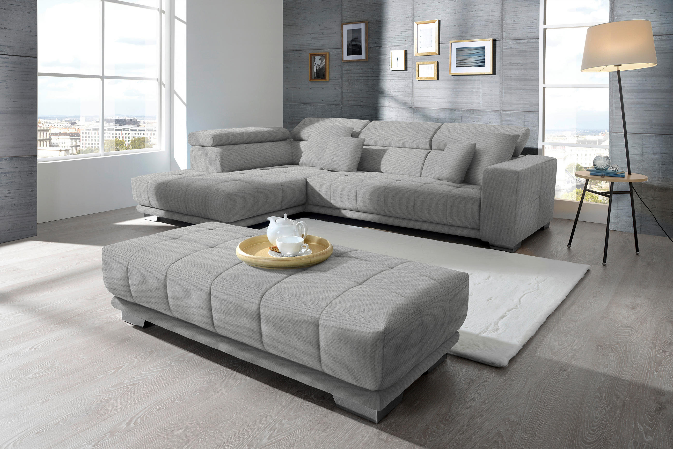 ECKSOFA in Mikrofaser Hellgrau  - Chromfarben/Hellgrau, Design, Textil/Metall (207/301cm) - Xora