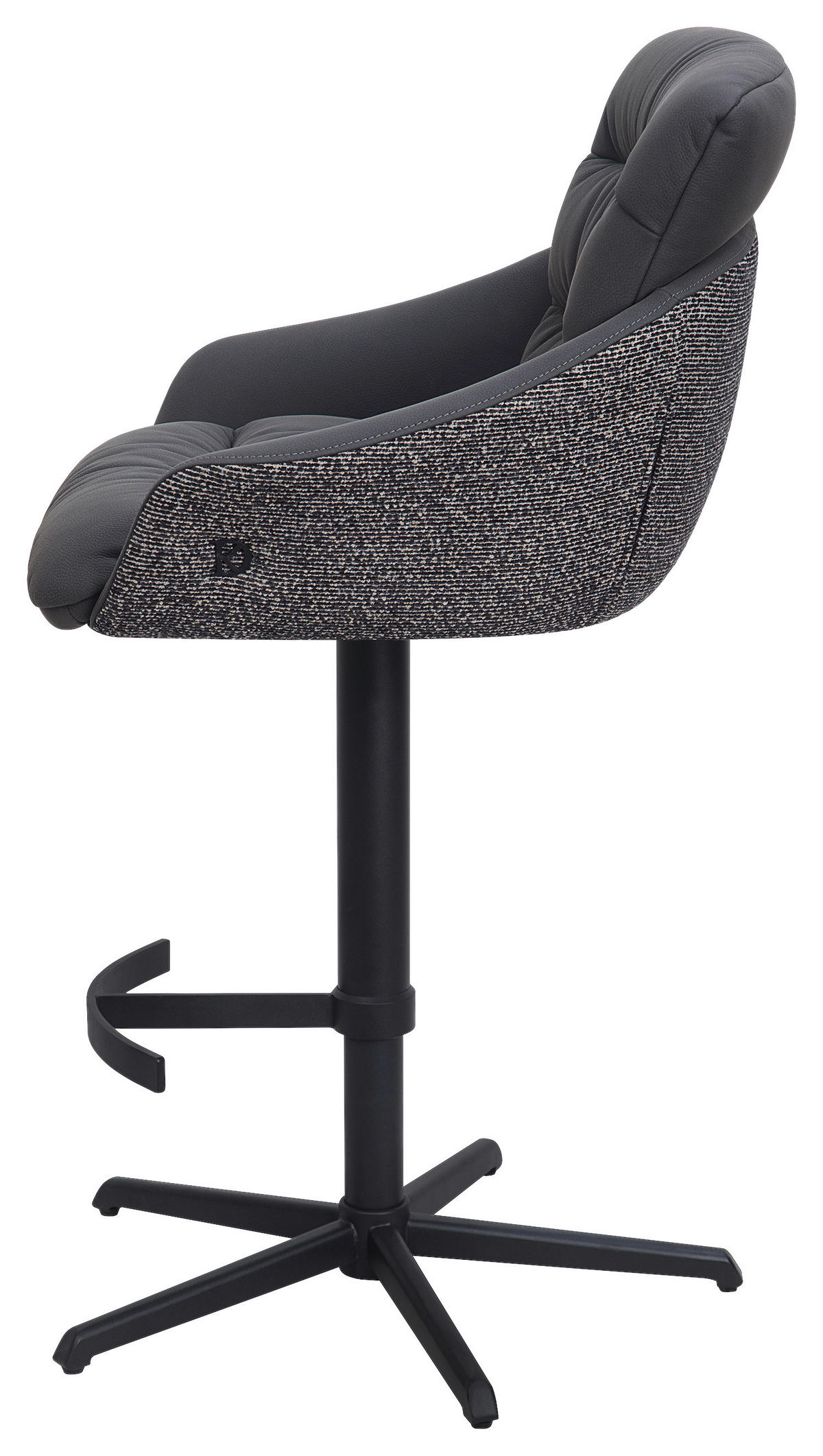 BARHOCKER Webstoff Echtleder Schwarz Stahl Sitzfläche 360° drehbar, inklusive Armlehnen, automatische Rückholfunktion  - Schwarz, Design, Leder/Textil (58/103/120/61cm) - Dieter Knoll
