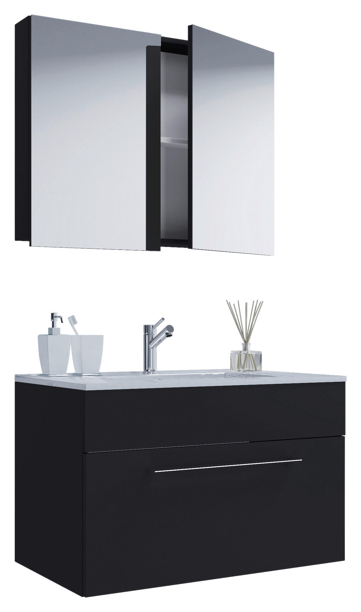 BADEZIMMER 3-teilig in 80 cm - Alufarben/Schwarz, MODERN, Keramik/Holzwerkstoff (80cm) - MID.YOU