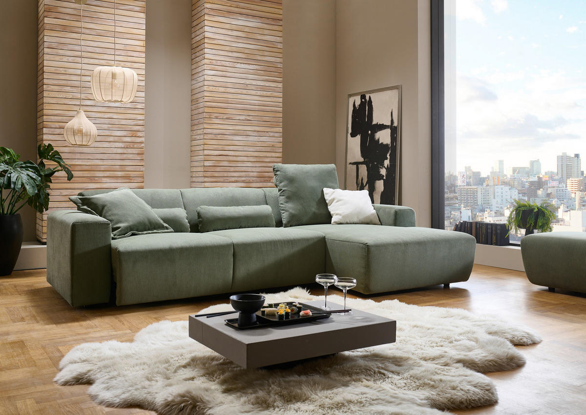 ECKSOFA in Feincord Waldgrün  301/177 cm  - Waldgrün/Schwarz, Design, Kunststoff/Textil (301/177cm) - Beldomo Style