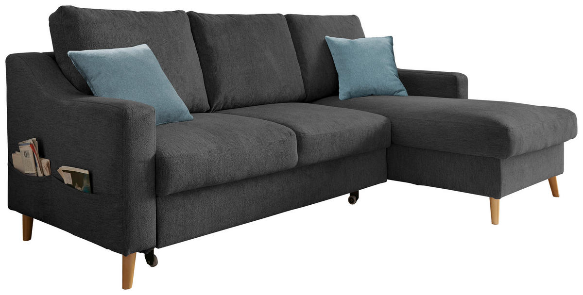 ECKSOFA in Mikrofaser Schwarz  - Blau/Schwarz, Design, Holz/Textil (228/150cm) - MID.YOU