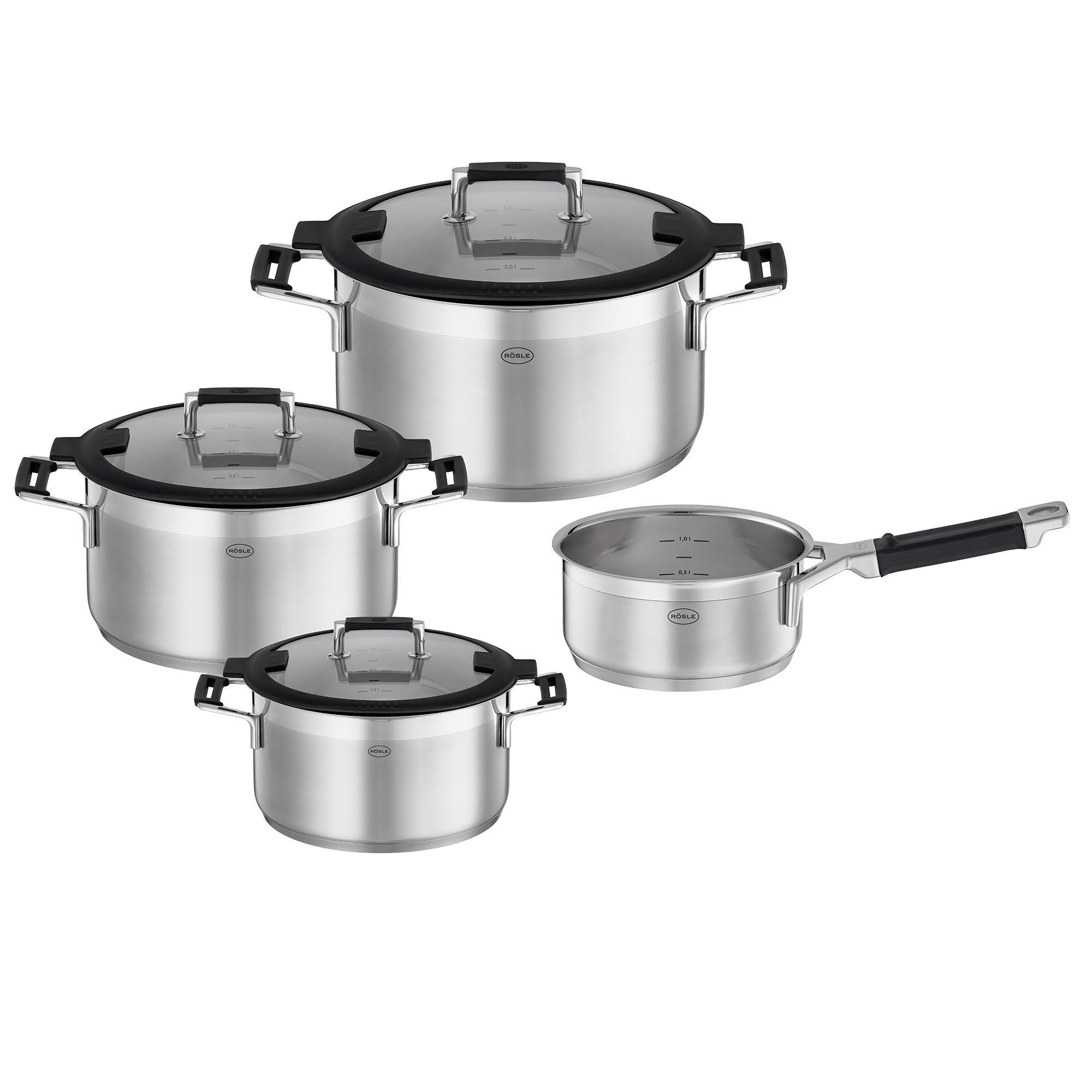 KOCHTOPFSET Silence Pro 4-teilig  - Edelstahlfarben, Glas/Metall (31/55/23,5cm) - Rösle