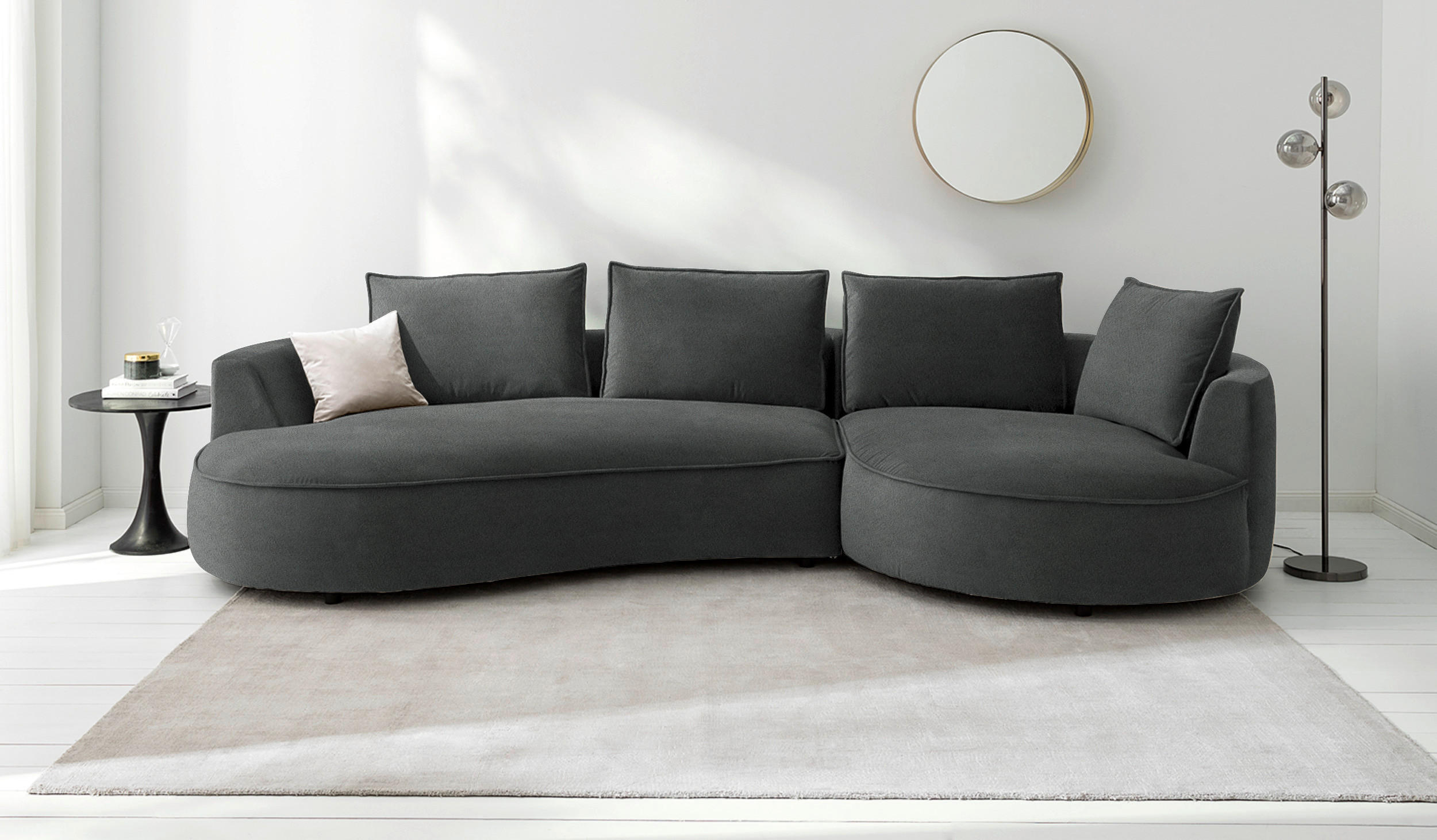 BIGSOFA Samt Dunkelgrau  - Dunkelgrau/Schwarz, Design, Kunststoff/Textil (322/66/154cm) - home24