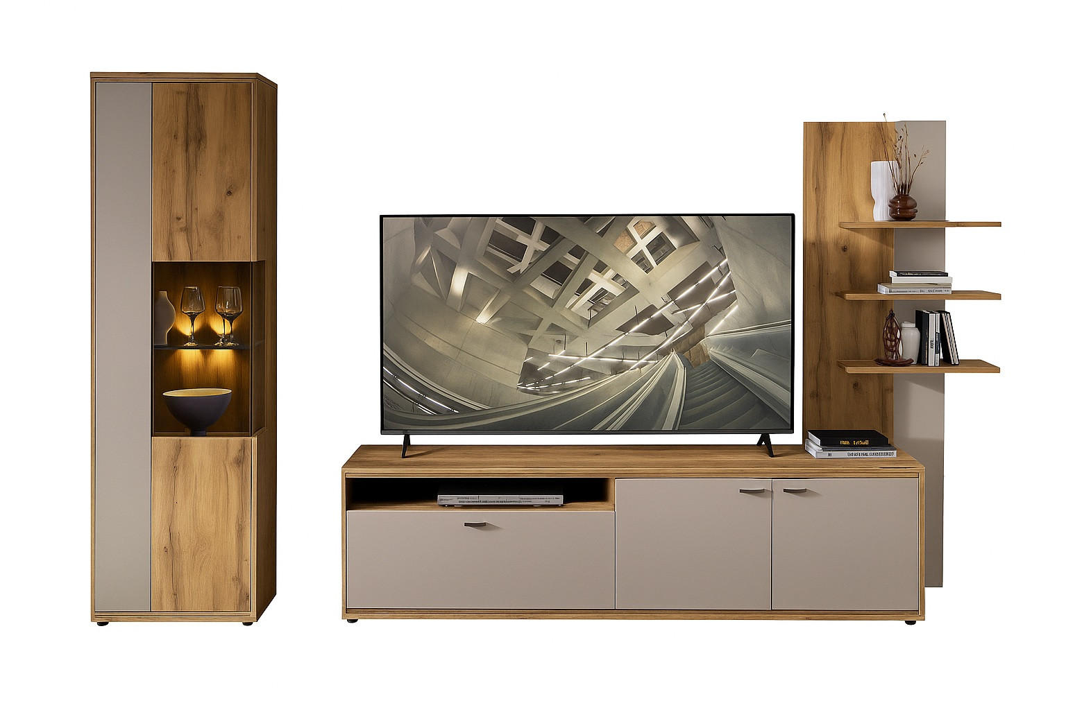 WOHNWAND  in Eichefarben, Kaschmir 310/205/49 cm  - Kaschmir/Eichefarben, Design, Glas/Holzwerkstoff (310/205/49cm) - Livetastic