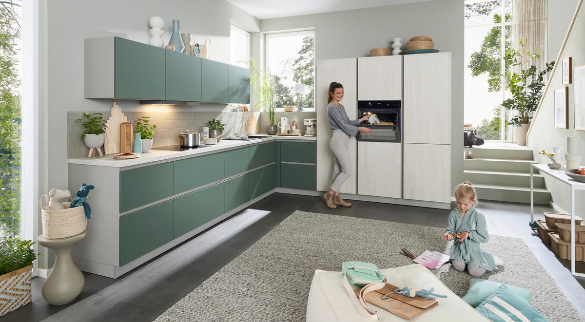 EINBAUKÜCHE MATIRA COLOUR  - Eiche Bianco/Grün, Design, Holzwerkstoff - Novel