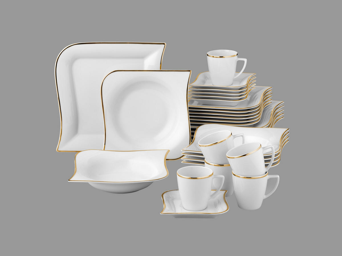 KOMBISERVICE Weiß, Goldfarben Goldline 30-teilig 6 Personen  - Goldfarben/Weiß, Basics, Keramik (36/33/28,5cm) - Van Well