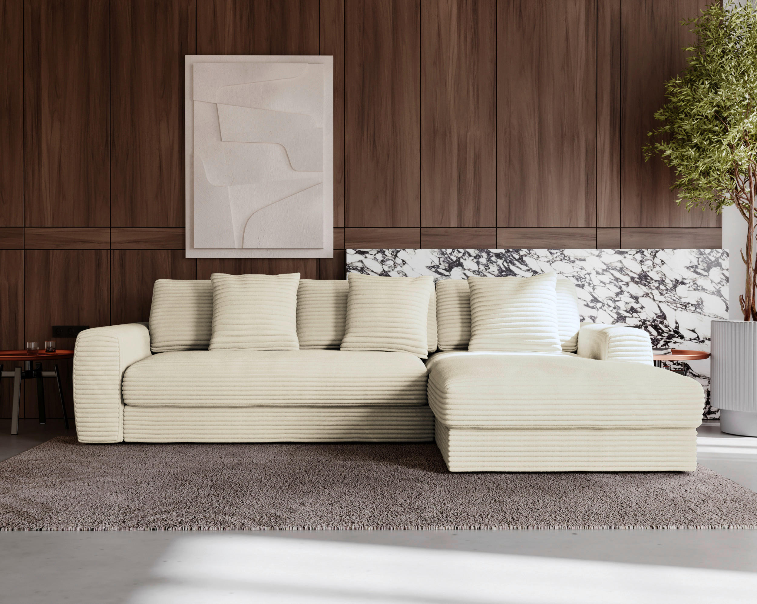 ECKSOFA Creme Cord - Creme/Schwarz, MODERN, Kunststoff/Textil (302/182cm) - Carryhome