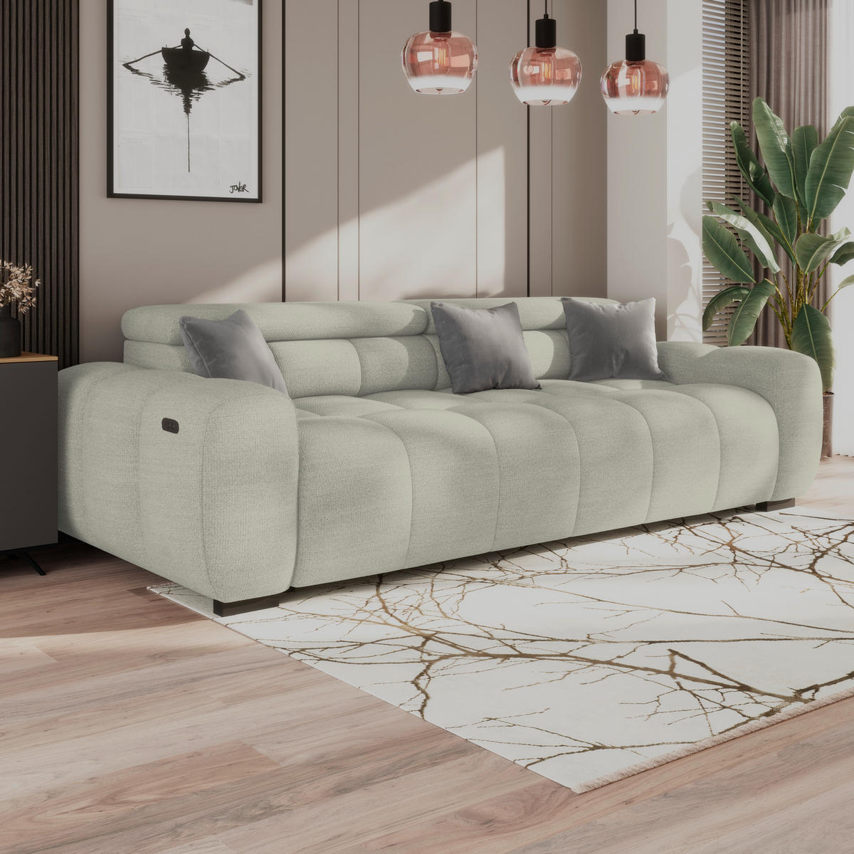 BIGSOFA inkl. mot. Funktion Webstoff Creme  - Creme/Schwarz, Design, Kunststoff/Textil (248/77-97/108cm) - Welnova