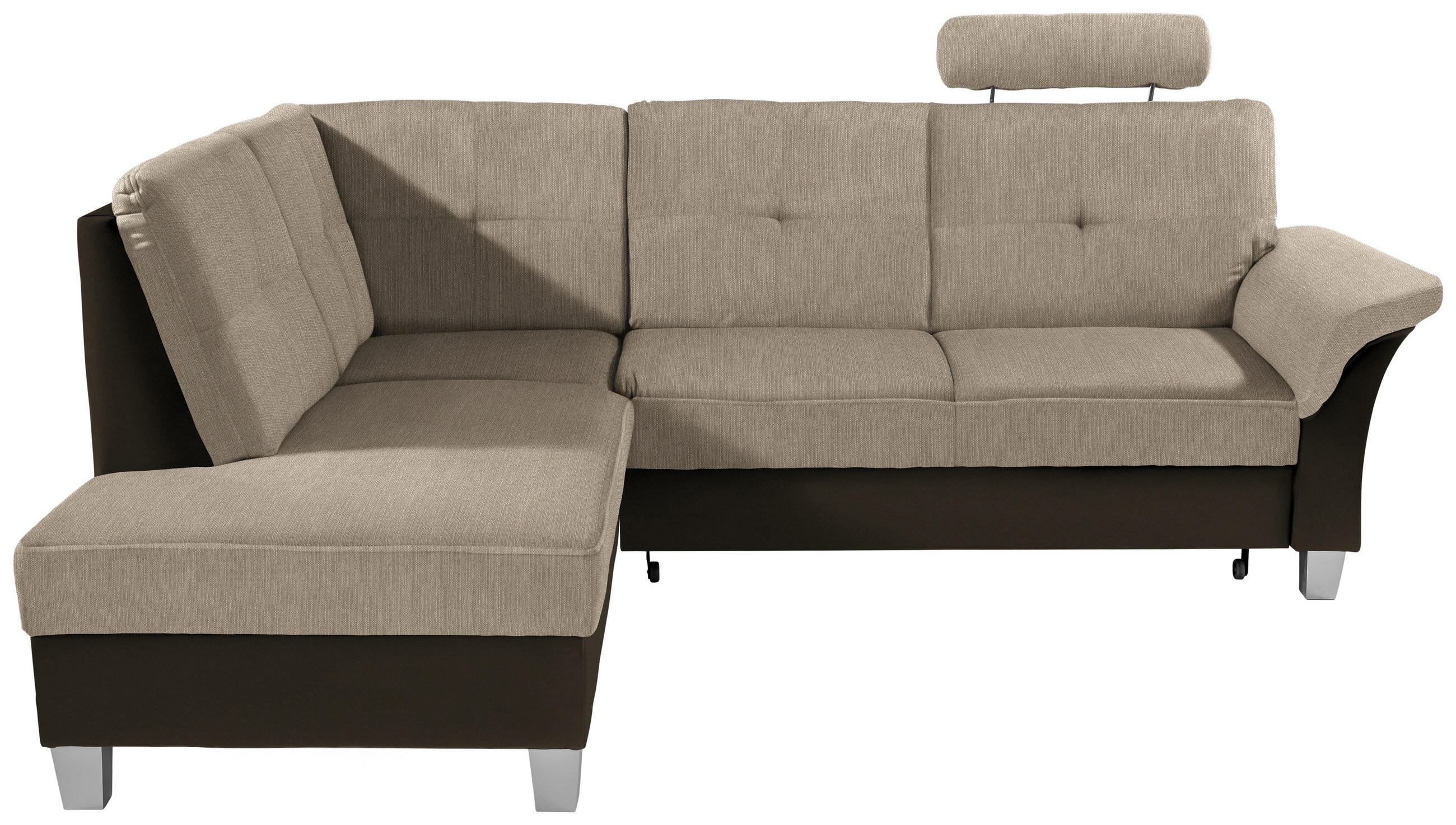 ECKSOFA Dunkelbraun, Beige Webstoff Bettkasten, Schlaffunktion, Kopfstütze  - Dunkelbraun/Beige, KONVENTIONELL, Holz/Textil (196/245cm) - Livetastic