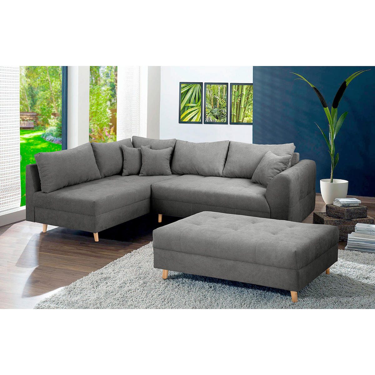 ECKSOFA inkl. Hocker Ariella Dunkelgrau Mikrofaser  - Dunkelgrau/Naturfarben, Design, Holz/Textil (161/231cm) - Livetastic