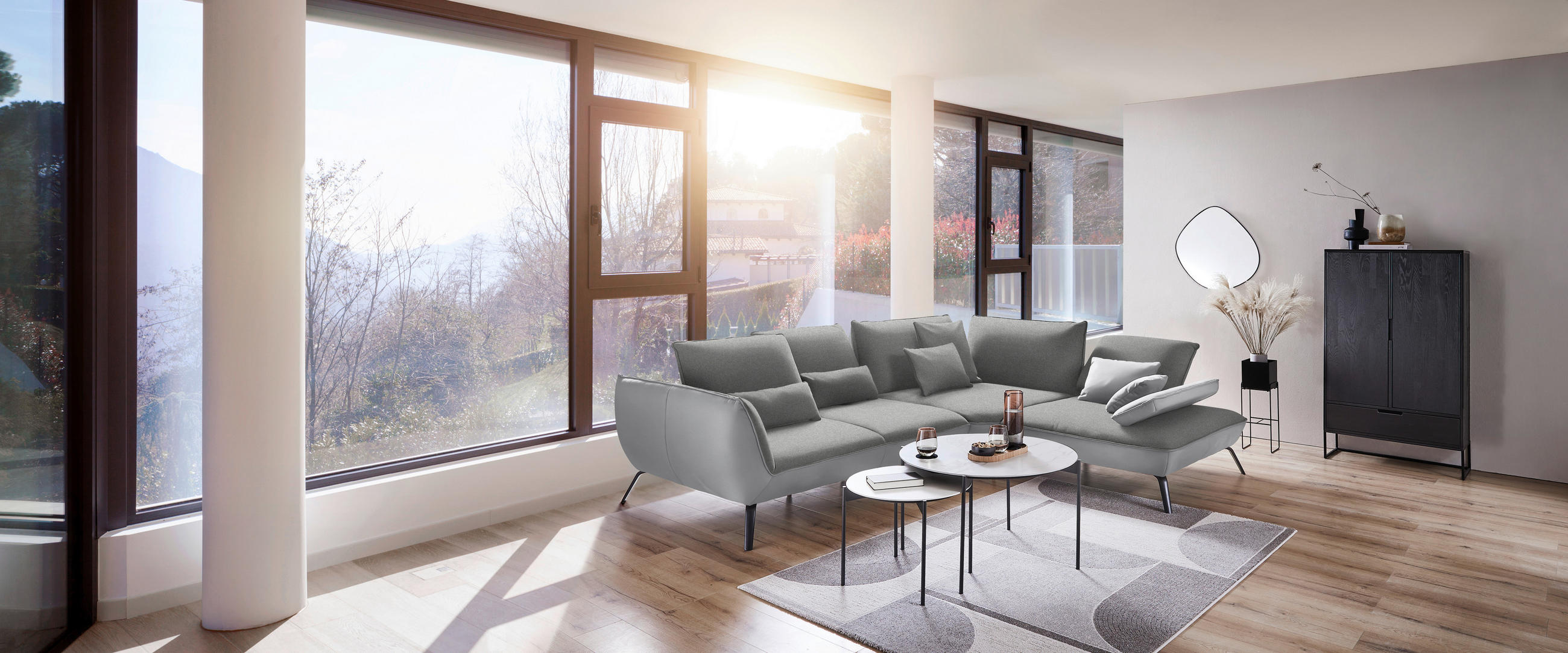 ECKSOFA in Flachgewebe Hellgrau  - Hellgrau/Schwarz, Design, Textil/Metall (310/250cm) - Moderano