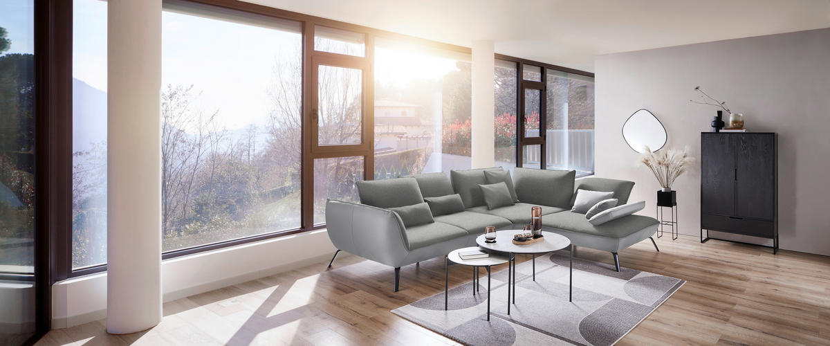 ECKSOFA in Flachgewebe Hellgrau  - Hellgrau/Schwarz, Design, Textil/Metall (310/250cm) - Moderano