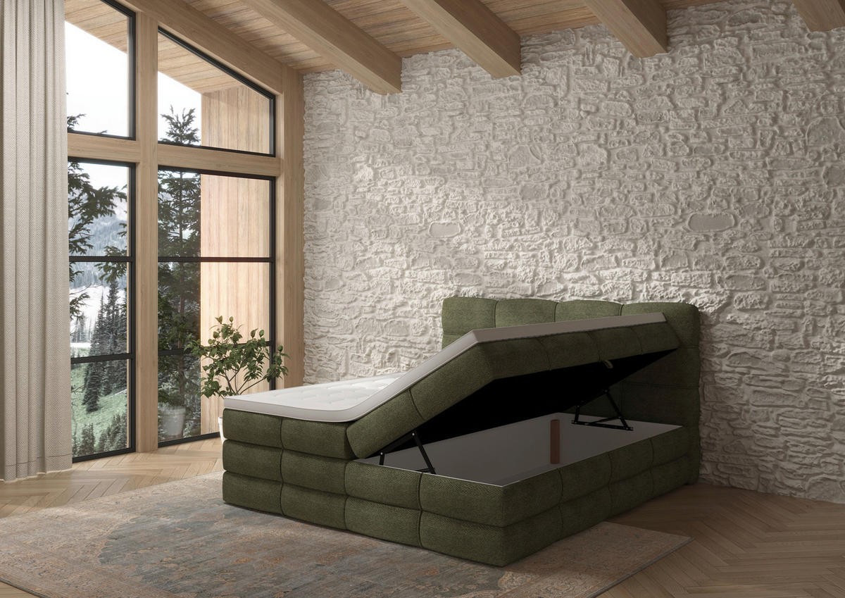 BOXSPRINGBETT 160/200 cm,  in Grün, gepolstertes Kopfteil, Bettkasten, Topper, Matratzen, H3 + H3 = fest  - Schwarz/Grün, Design, Kunststoff/Textil (160/200cm) - Chameo