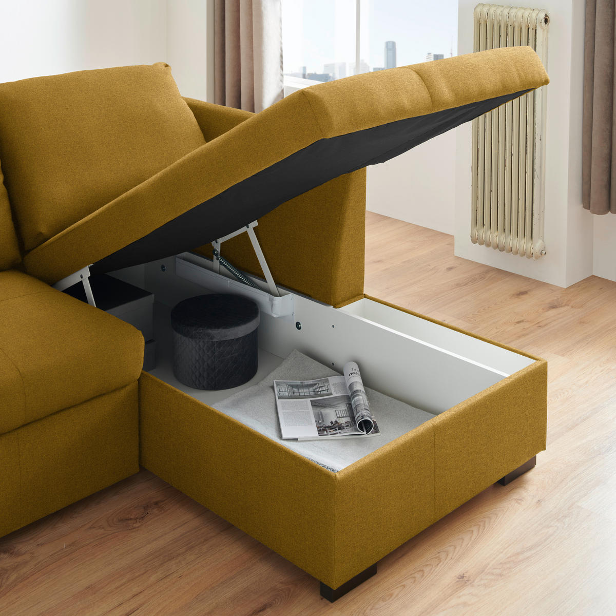 ECKSOFA in Webstoff Dunkelgelb  - Dunkelgelb/Schwarz, Design, Kunststoff/Textil (238/158cm) - Livetastic