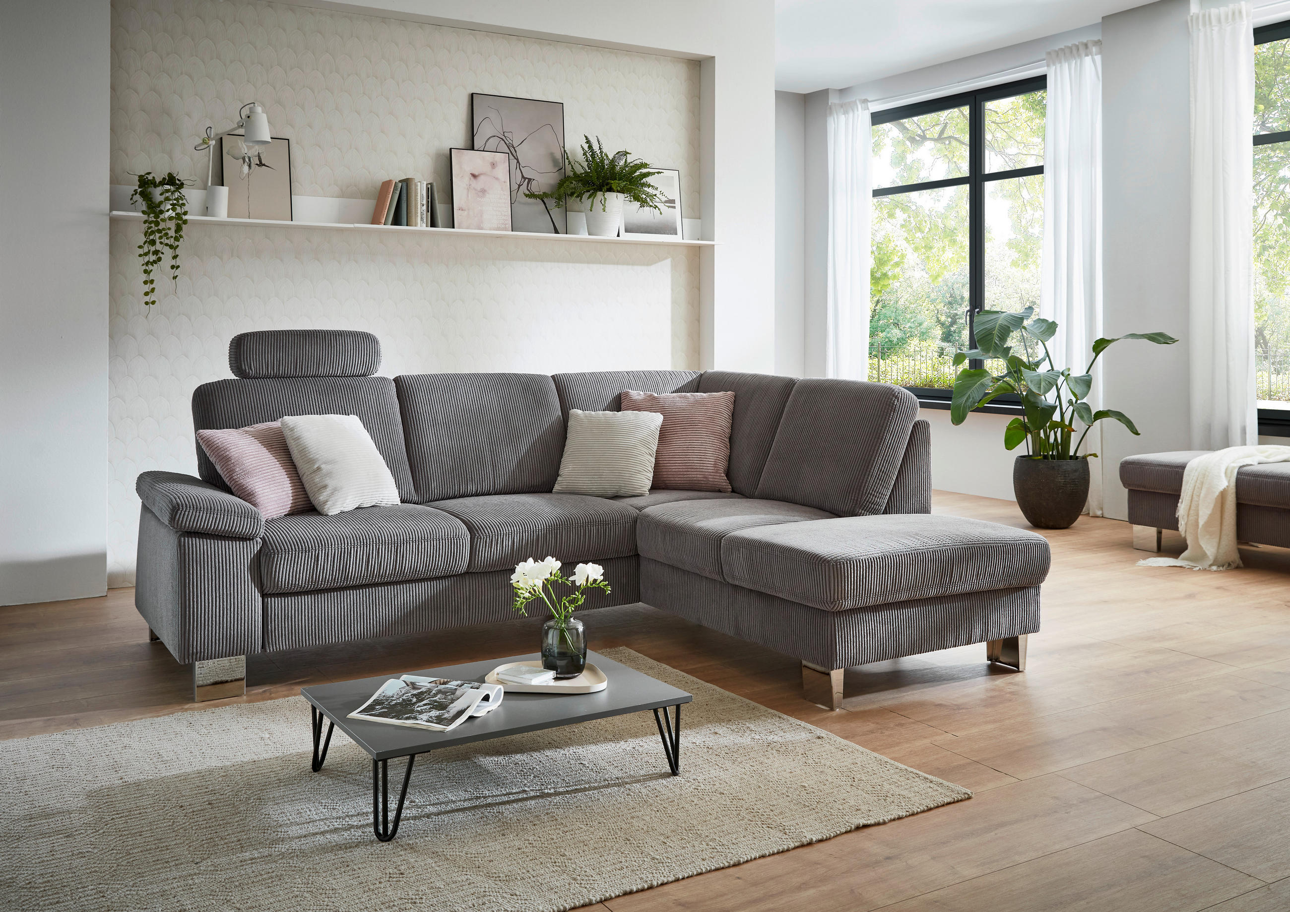 Thumbnail - Beldomo System Ecksofa, Anthrazit, Textil, 4-Sitzer, Ottomane rechts, L-Form, 248x200 cm, Goldenes M, Typenauswahl, Bett...