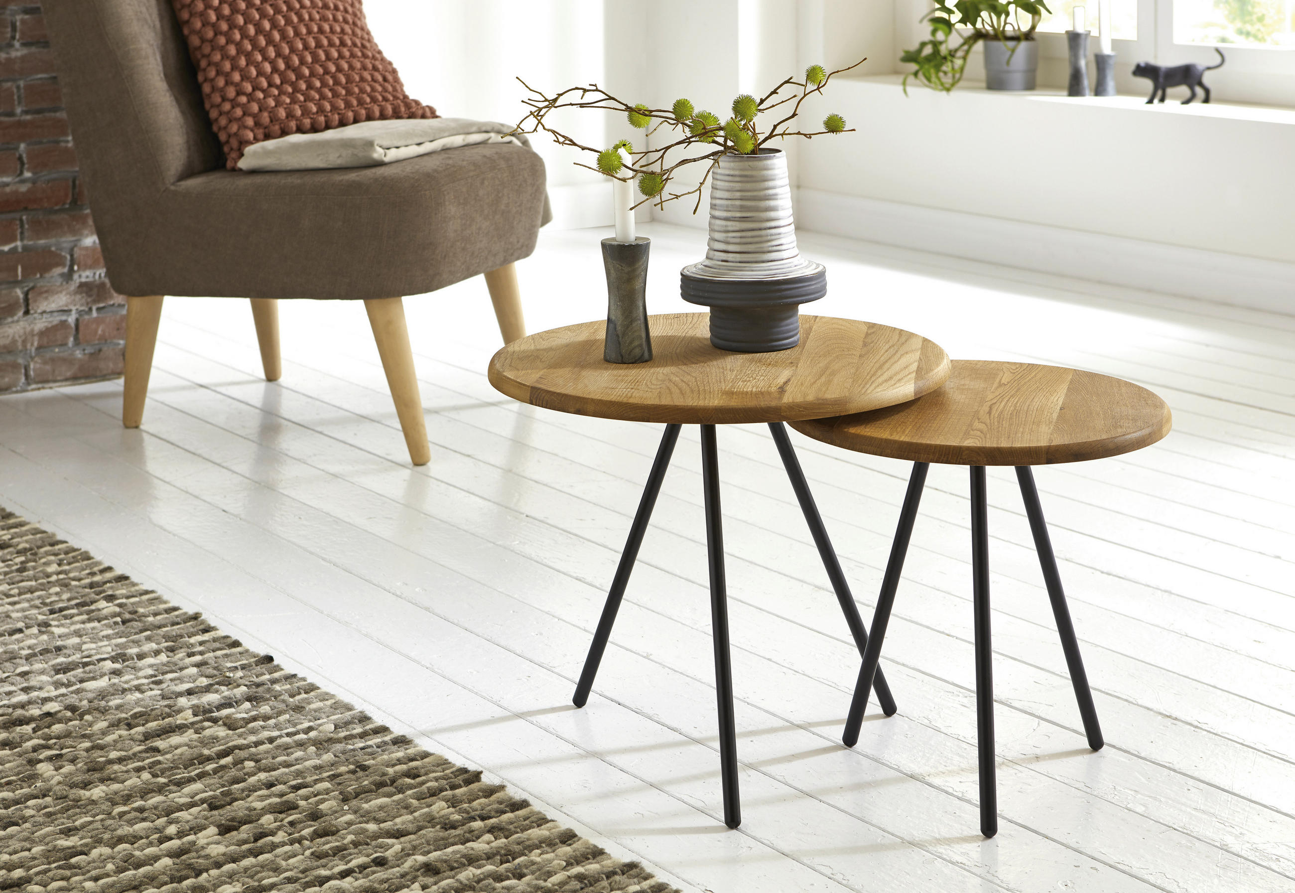 BEISTELLTISCH 50/50/43 cm Eiche massiv Schwarz, Eichefarben rund  - Eichefarben/Schwarz, Trend, Holz/Metall (50/50/43cm)