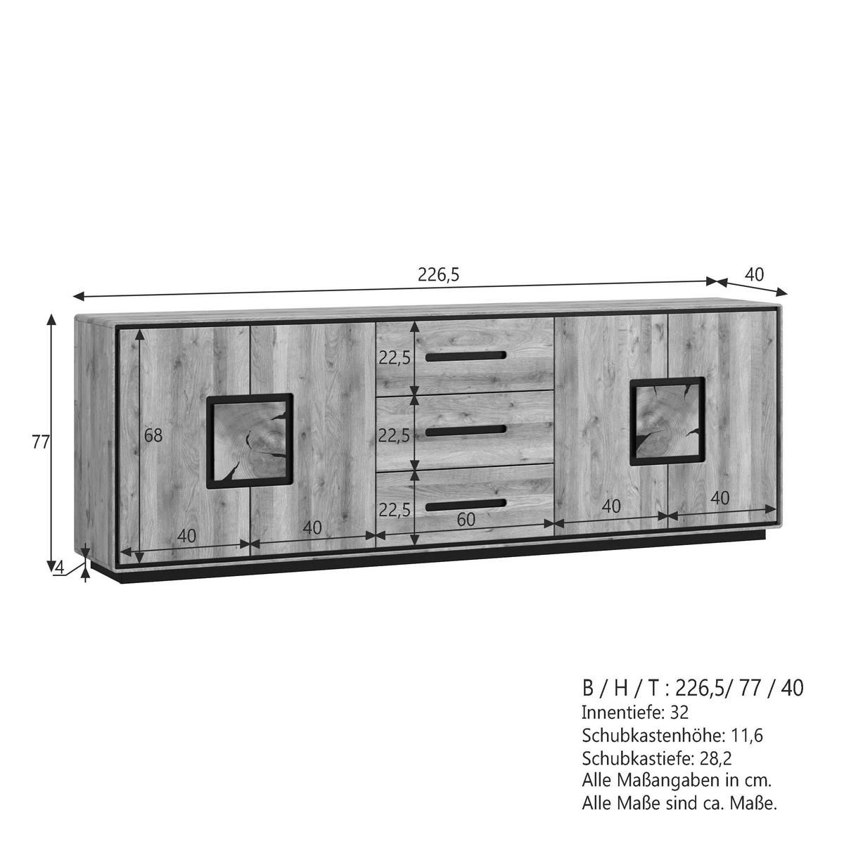 SIDEBOARD  227,00/77/40 cm 3 Schublade(n)  - Wildeiche/Schwarz, Basics, Holz (227,00/77/40cm) - Livetastic