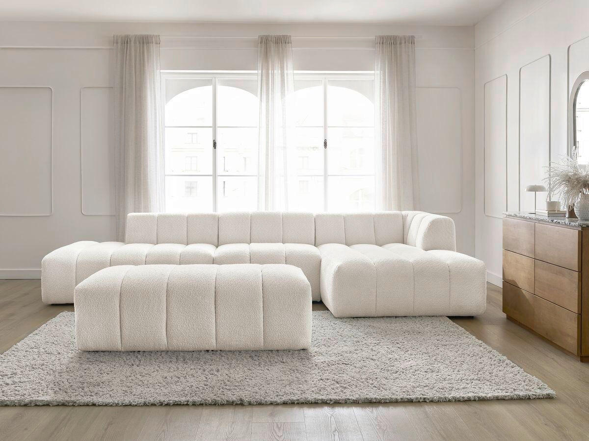 ECKSOFA Ottomane rechts  ANNECY Weiß Bouclé  - Schwarz/Weiß, MODERN, Kunststoff/Textil (262/170cm)