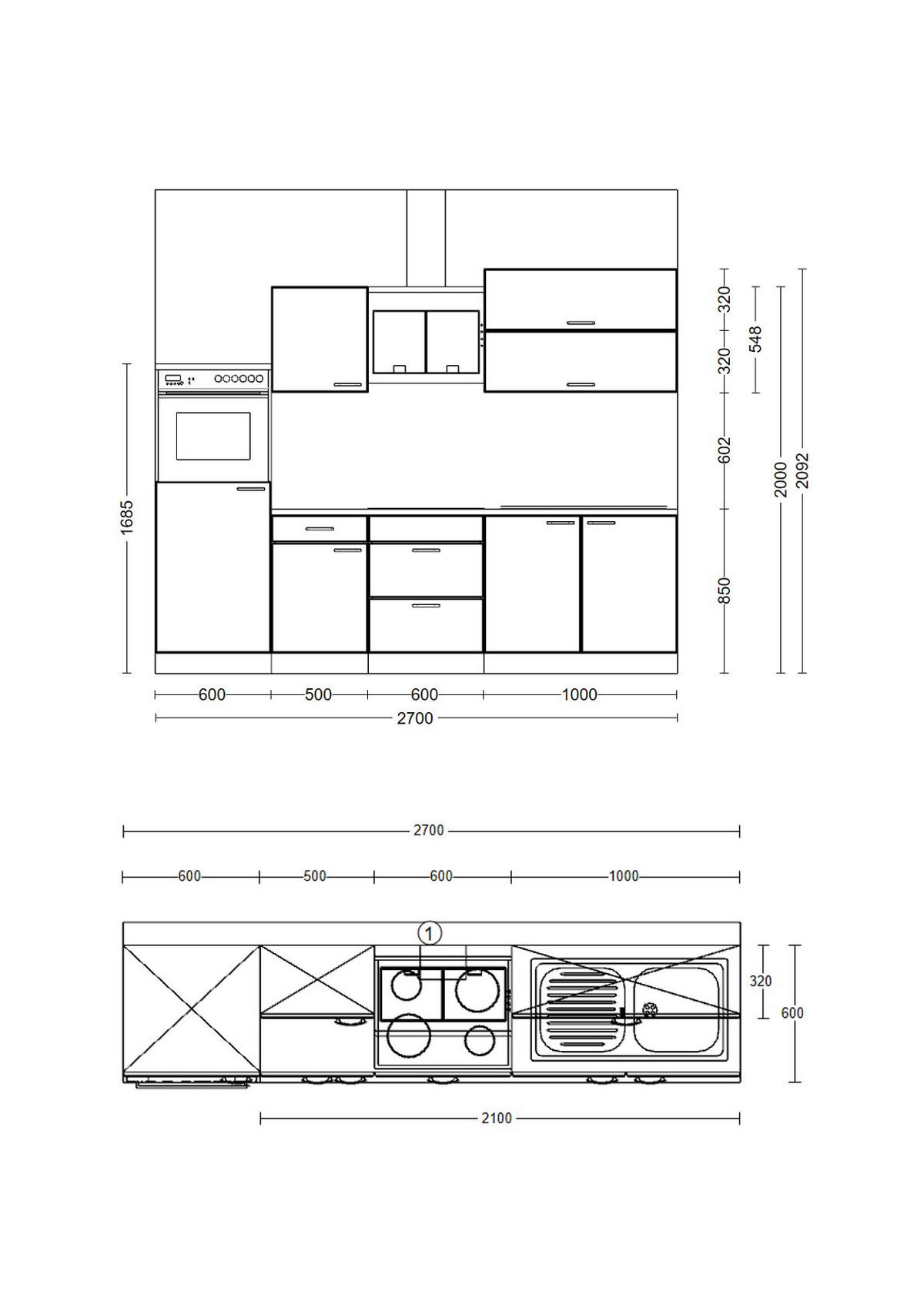KÜCHENBLOCK 270 cm   in Weiß  - Graubraun/Alufarben, KONVENTIONELL, Holzwerkstoff/Kunststoff (270cm) - FlexWell