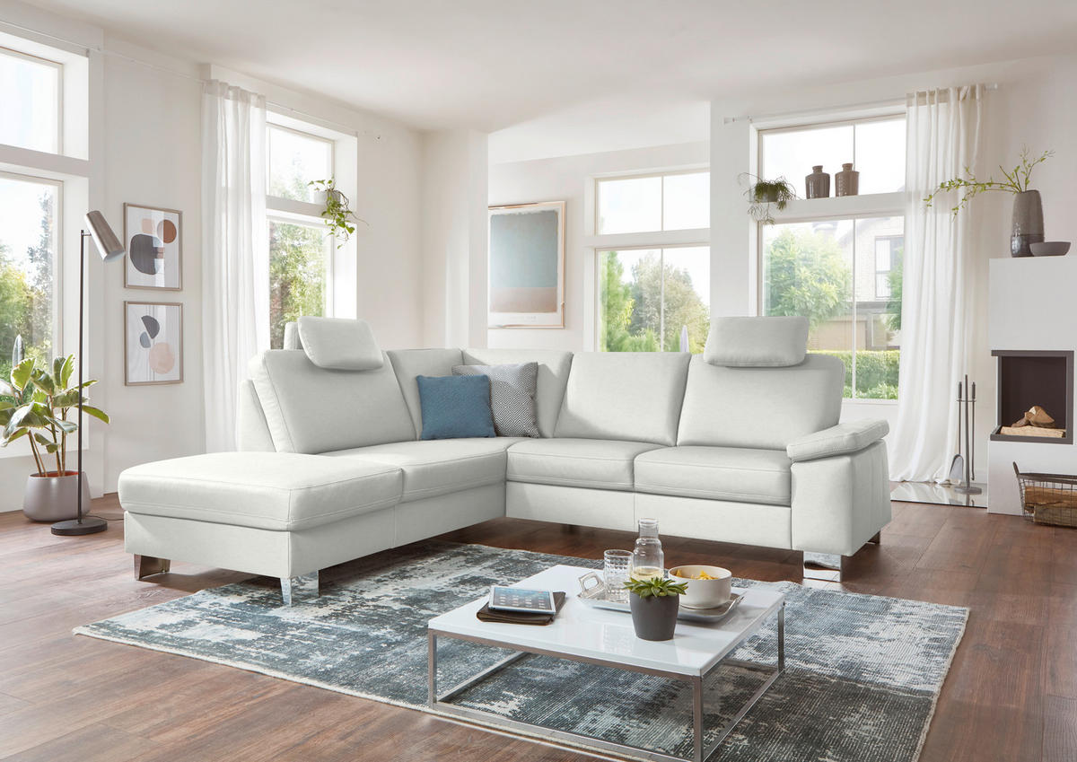 ECKSOFA  in Echtleder Weiß  235/248 cm  - Alufarben/Weiß, Design, Leder/Metall (235/248cm) - Beldomo Premium