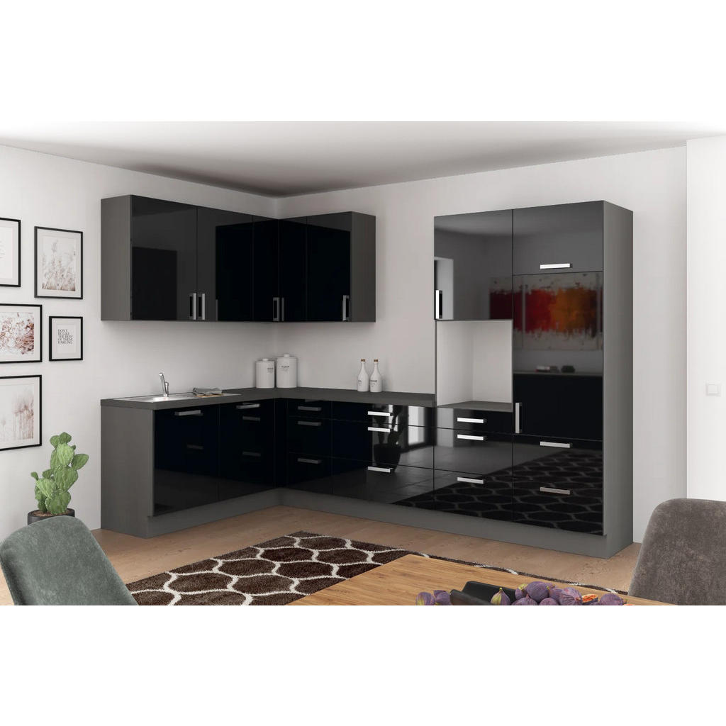 Eckküche Ip4050 ohne Geräte 185x320 cm Schwarz/Graphitf.