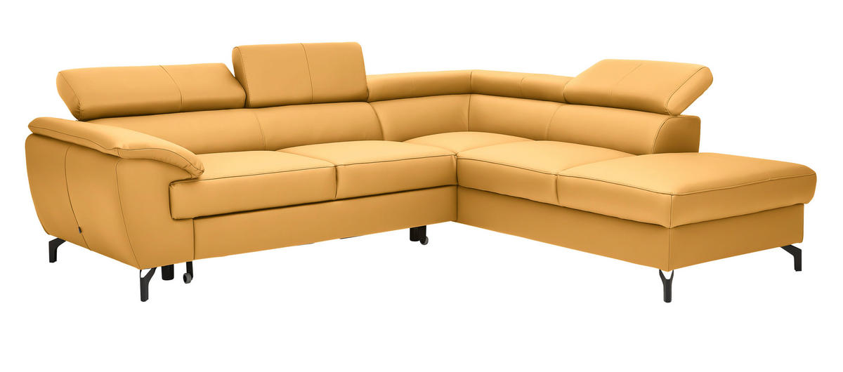 ECKSOFA in Echtleder Currygelb  - Currygelb/Schwarz, Design, Leder/Metall (256/220cm) - Celina Home