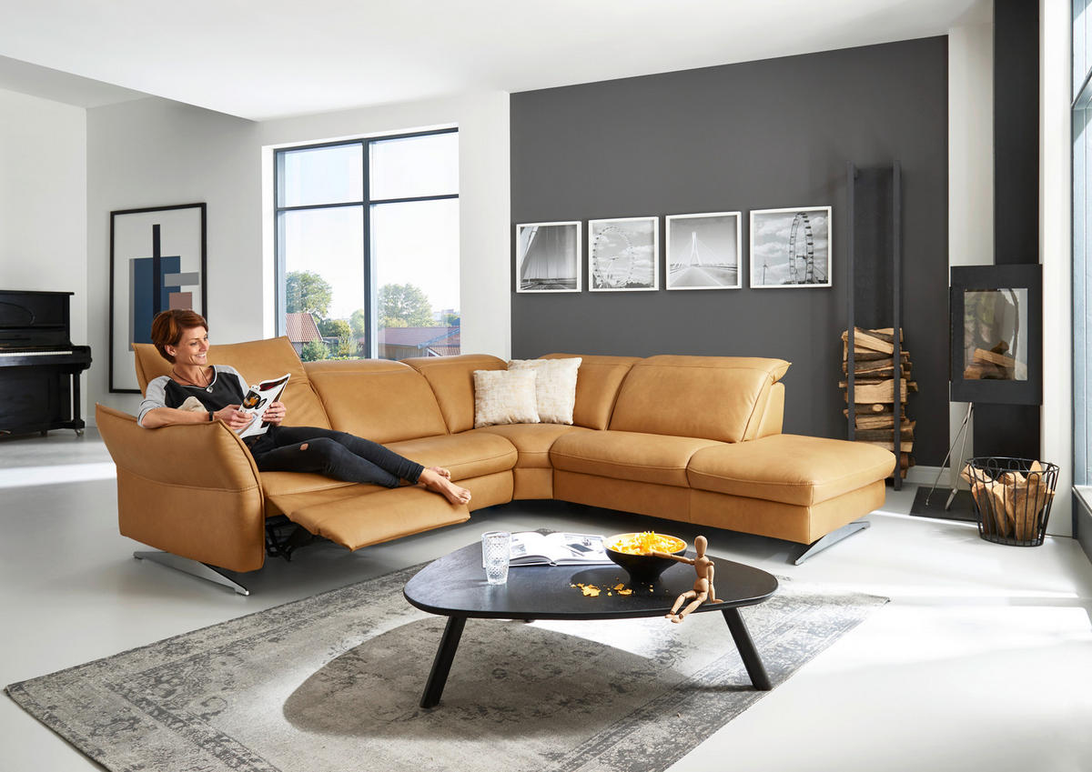 ECKSOFA in Echtleder Orange  - Edelstahlfarben/Orange, Design, Leder/Metall (292/258cm) - Hukla