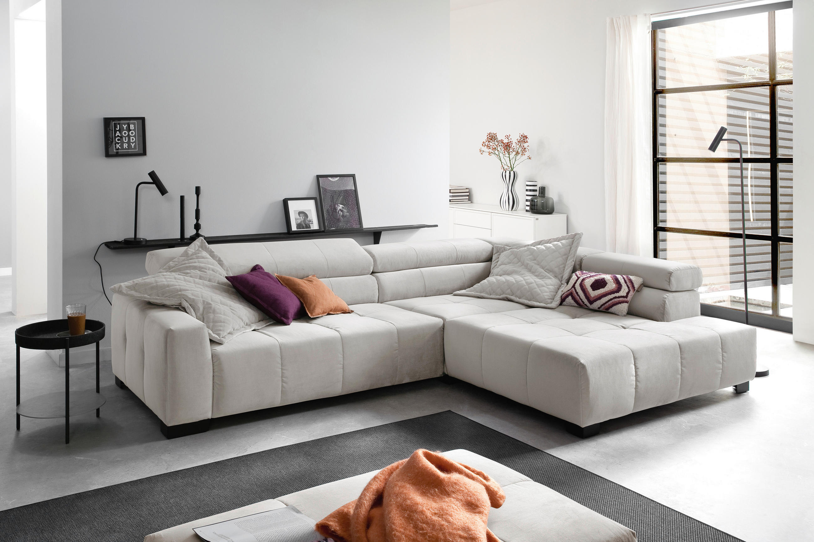 ECKSOFA Creme Velours  - Creme/Schwarz, KONVENTIONELL, Textil/Metall (311/219cm) - Hom`in